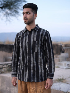 Artisan Crafted Indigo Dabu Hand-Block Printed Cotton Shirt for Men Traditional Geometric Motif Full-Sleeve Slim Fit Button-<b>Down</b> - Product Image 3