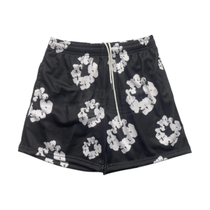Pantalones Cortos Deportivos Casuales de Malla Blanca Estampada para Hombre con Cordón en la Cintura y Patrón Floral Negro - Product Image 3