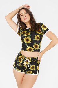 Conjunto de Top Corto y Pantalones Cortos Estampados para Mujer, Cintura Media con Cordón, Tejido de Algodón y Elastano, Casual, Transpirable, Corte Regular - Product Image 4