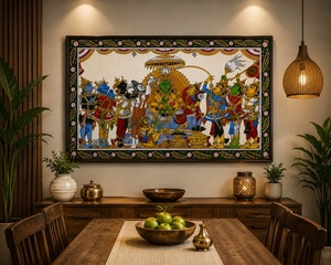 Peinture artisanale Pattachitra du Seigneur Krishna et des Gopis - Origine Odra - Décoration murale pour salon intérieur - Product Image 4