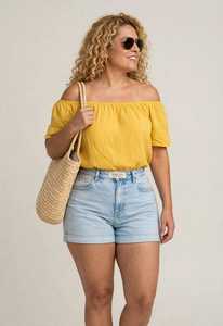 Oneten Apparels <b>Women</b> Summer <b>2</b> <b>Piece</b> <b>Outfit</b> Yellow Off Shoulder Ruffle Top And Light Blue Denim Shorts Set - Product Image 3