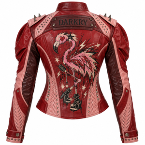 Red Pink <b>Women</b> Genuine Leather Jacket Graphic Printed Flamingo Motorcycle Biker <b>Outerwear</b> Made To Order Custom Oem Provider - Product Image 2