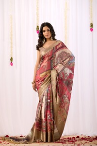 Sari Beige Dorado con Estampado Floral para Mujer, Sari Indio de Diseñador con Borde Metálico Zari, Ropa Tradicional para Bodas y Fiestas - Product Image 3