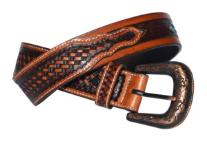 Unique Wave <b>Tooling</b> Pattern Western Leather Hand <b>Tooling</b> <b>Belt</b> for Cowboy Cowgirl With Silver Plated Heavy Duty Floral Buckle Set - Product Image 2