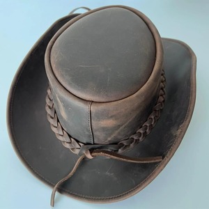 Brown Leather <b>Cowboy</b> Hat Vintage Wide Brim Braided Band Chin Strap Unisex Outdoor Fedora - Product Image 5