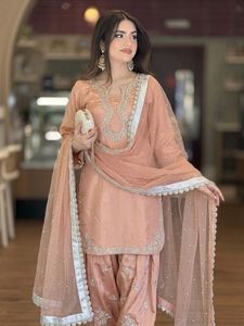 Women's Traditional Silk Salwar Kameez Beautiful Embroidery Heavy Beads Work Knee-Length Party Suit <b>Set</b> Indian Pakistani - Product Image 6