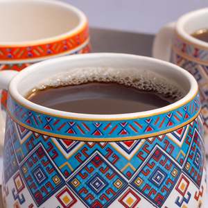 Alluring Japandi Style Glazed <b>Ceramic</b> Tea Cup Set of 6 400ml Capacity Microwave Safe Saucers <b>Lids</b> Featuring Unique Pattern Logo - Product Image 1