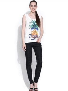 Camiseta sin mangas con estampado de piña para mujer, cuello redondo, informal, 100% algodón, transpirable, diseño de logotipo en la parte delantera - Product Image 4
