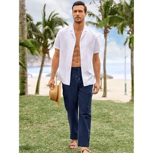 2025 pantalones Cargo de lino para hombre, cintura elástica, cordón, ligero, informal, holgado, verano, playa, pantalones de Yoga, bolsillos blanqueados - Product Image 6