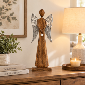 Figura de Ángel Rústica de Madera con Alas de Metal Plateado y Colgante de Estrella - Centro de Mesa Festivo para Navidad, Decoración del Hogar - Product Image 2