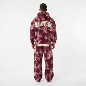 Conjunto de Sudadera con Capucha y Pantalones Anchos con Cremallera y Tie-Dye Borgoña para Hombre, Detalle de Correa en Contraste, Chándal Urbano, Personalizado OEM ODM - Product Image 2