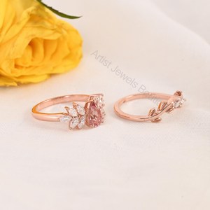 Natural Pink Tourmaline Bridal Ring Set 925 Sterling <b>Silver</b> & <b>Solid</b> Gold Fine Jewelry OEM ODM Wholesale Supplier - Product Image 2