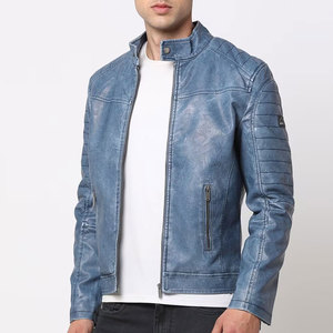 Men's Blue Washed Cow Leather Moto <b>Jacket</b> Stand Collar Zipper Closure <b>Slim</b> <b>Fit</b> Autumn Biker Style Regular Sleeve - Product Image 1