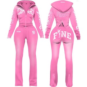 Conjunto de chándal de mujer de peso pesado 400g, estilo streetwear, con lavado, top corto con cremallera, pantalón jogger acampanado y sudadera con capucha con cordón, con logotipo personalizado - Product Image 1