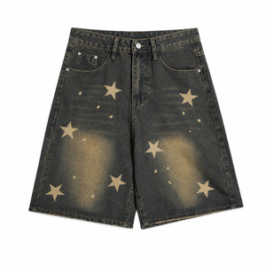 Shorts en jean Y2K pour hommes, imprimé étoiles, style streetwear vintage délavé, coupe ample, jorts décontractés à jambe large, hip-hop - Product Image 2