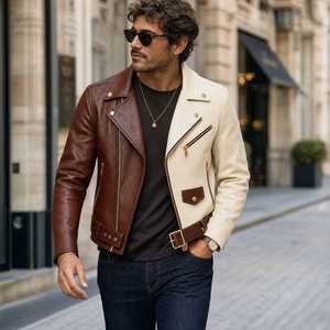<b>Men's</b> <b>Brown</b> And Cream Color Block <b>Leather</b> Motorcycle <b>Jacket</b> With Zipper Closure And Belt - Product Image 2