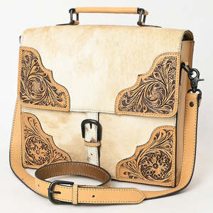 Vintage Cow <b>Leather</b> Briefcase With Hand Tooled Floral Design Buckle Closure Adjustable Strap Unisex Soft <b>Bag</b> - Product Image 3