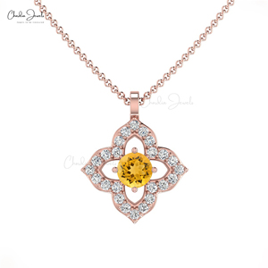 Latest Design Handcrafted 14k <b>Solid</b> <b>Gold</b> Floral <b>Pendant</b> Prong Set 3mm Citrine Gemstone & Diamond Minimalist Necklace for Women - Product Image 2