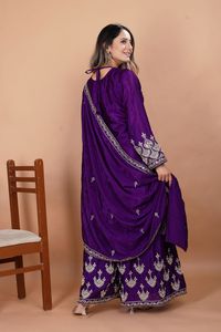 Chinon Silk Coding <b>Sequin</b> Rivet Moti Top <b>Flared</b> Palazzo Pack Embroidered Dupatta Stitched Three Piece Partywear Suit - Product Image 6