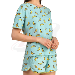 Ensemble de t-shirts à manches courtes pour femmes, imprimé banane, coupe ample, décontracté, en coton tricoté, pyjama, vêtements de printemps et d'été, col rond avec poches - Product Image 5
