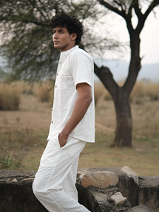 Premium <b>Men</b> Handwoven White Cotton Mandarin Band Collar Short Sleeve <b>Kurta</b> Shirt Eco-Friendly Breathable Summer Fashion - Product Image 2