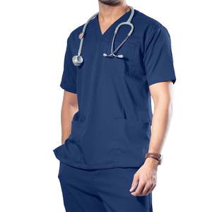 Blouse médicale bleu marine pour homme, col en V, manches courtes, en coton et polyester tissé, uniforme d'hôpital avec poche et support pour stéthoscope - Product Image 1