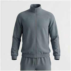 Ensemble de survêtement gris pour homme, manches longues, col montant, fermeture éclair sur le devant, couleur unie, respirant, décontracté, pour l'automne, coupe classique - Product Image 1