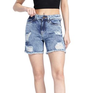 Mid Blue High Rise Denim Shorts Straight Leg Raw Edge <b>Jean</b> Bottoms <b>Ladies</b> Casual Streetwear Fashion - Product Image 3