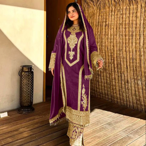 Traje Sharara Chinon con Bordado Intenso Estilo Indio-Pakistaní, Salwar Kameez para Fiestas de Invierno y Verano, Georgette Sintético - Product Image 1