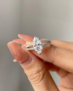 Marquise Lab Grown Diamond Solitaire <b>Ring</b> 14K White Gold Hidden Halo <b>Split</b> Band Half Eternity Engagement Wedding <b>Ring</b> - Product Image 1