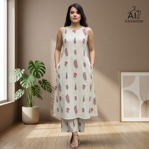 Conjunto de Cordón de Algodón con Estampado Floral Beige para Mujer, Corte Holgado, Midi, Estilo Casual, Estilo Indio-Pakistaní, para Verano - Product Image 4