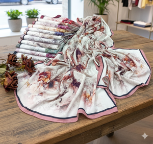 ผ้าพันคอผ้าซาตินพิมพ์ลายดอกไม้สไตล์อาร์ติซาน คอลเลคชั่นผ้าคลุมศีรษะน้ำหนักเบาสุดหรู พร้อมลวดลายดอกกุหลาบอันละเอียดอ่อนและขอบตกแต่งด้วยมืออย่างประณีต - Product Image 3