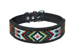 Collier pour chien en cuir véritable fait main avec motif géométrique perlé, design tribal, fermeture à boucle réglable, utilisable toute l'année - Product Image 3