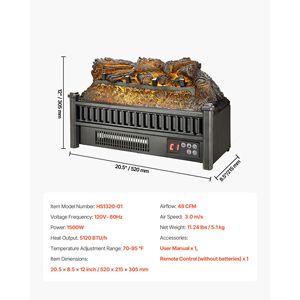 Inserto per Caminetto Elettrico da 20 Pollici con Telecomando, Stile Moderno, 5 Livelli di Luminosità della Fiamma Regolabili, Timer 24 Ore per Camper - Product Image 3