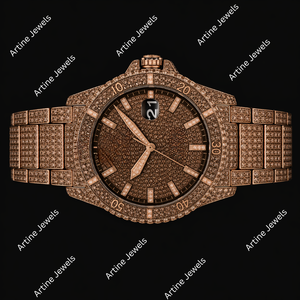 Montre pour homme en or rose sertie de pierres, cadran en pierre brune, affichage de la date, montre de luxe tendance, style étincelant - Product Image 2