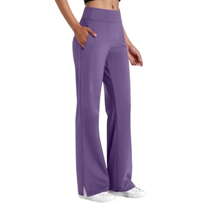 High Waist Full Length Flared Leg <b>Yoga</b> <b>Pants</b> With Pockets Solid Purple Stretch Elastic Waist Women's Workout Wear - Product Image 2
