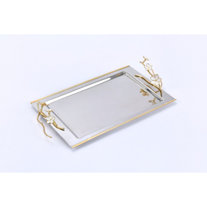 Vintage Style Stainless Steel <b>Serving</b> <b>Tray</b> With <b>Gold</b> Leaf Handles Perfect For Home Decor & Dining Tableware At Lowest Price - Product Image 4