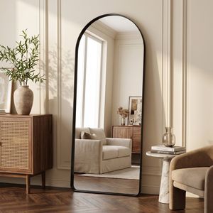Miroir sur pied arqué pleine longueur 21x64 pouces, coins arrondis, cadre profond, fait main, en bois rustique noir - Product Image 2