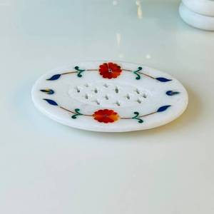 Hermosa Jabonera de Mármol con Incrustaciones de Flores Rojas, Hecha a Mano, para Baño y Decoración del Hogar - Product Image 1
