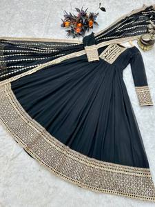 Traje Anarkali Negro Bordado para Mujer, Vestido de Fiesta Pakistaní para Boda, Manga Larga, Plisado con Chal, Ropa Formal de Noche, Secado Rápido - Product Image 5