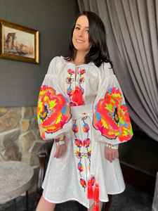 Vintage Boho Embroidered Cotton Short Dress Women Bright Floral Pattern <b>Balloon</b> Sleeve Tassel Waist Belt <b>Mini</b> Dress - Product Image 5