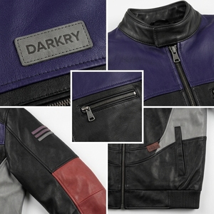 Blouson en cuir pour homme violet et noir, style motard multi-panneaux colorblock, fabrication sur mesure OEM ODM, offre de production en gros par l'usine - Product Image 6