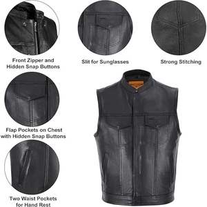 Gilet de motard personnalisé pour homme en cuir de vachette véritable, sans col, avec fermeture éclair discrète, cuir de qualité supérieure - Product Image 5