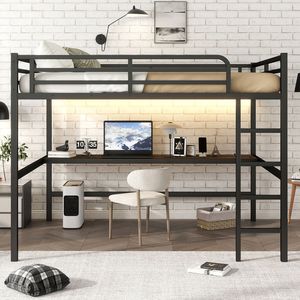 Lit mezzanine en métal pour enfants, format Queen, gain de place, insonorisé, avec prise électrique et éclairage LED, couleur noire - Product Image 2