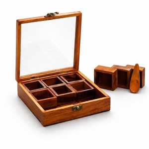 Handmade Style Wooden Spice <b>Box</b> – Indian Handcrafted Masala Dabba, Rustic Kitchen Organizer, Glass Lid - Product Image 1
