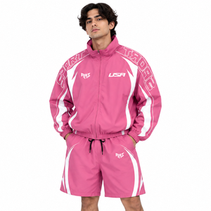 Chaqueta Cortavientos Retro Rosa de Moda para Hombre y Pantalones Cortos, Chaqueta Cortavientos Ligera de Nailon Personalizada, Pantalones Cortos Deportivos, Chaquetas de Poliéster Estilo Urbano - Product Image 1