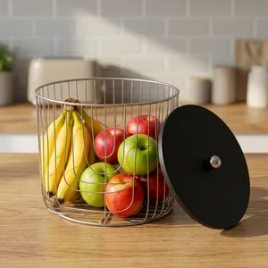 Wire Fruit <b>Basket</b> with Lid Round Metal Storage <b>Basket</b> Silver Black Kitchen Counter Organizer for Fruits <b>Vegetables</b> Snacks Dining - Product Image 5