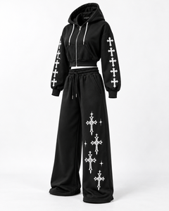 Ensemble de survêtement noir uni avec sweat à capuche zippé et pantalon de jogging, séchage rapide, respirant, 100 % polyester, vêtements de sport 2-en-1 coupe ample - Product Image 4