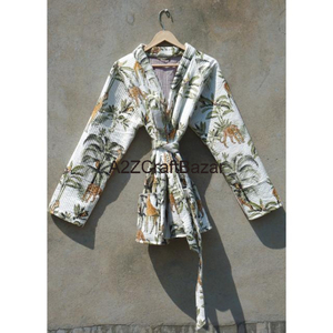 Chaqueta Bomber de Algodón Indio Sostenible con Estampado Animal Hecho a Mano para Mujer, Chaqueta Acolchada de Punto, Reversible, con Cinturón, Transpirable, Cuello en V - Product Image 3