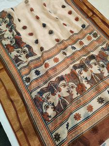 Hermoso Sari Tradicional con Estampado de Arte Mithila, Mezcla de Lino de Primera Calidad, Borde Dorado Zari 3*3, para Fiestas - Product Image 3